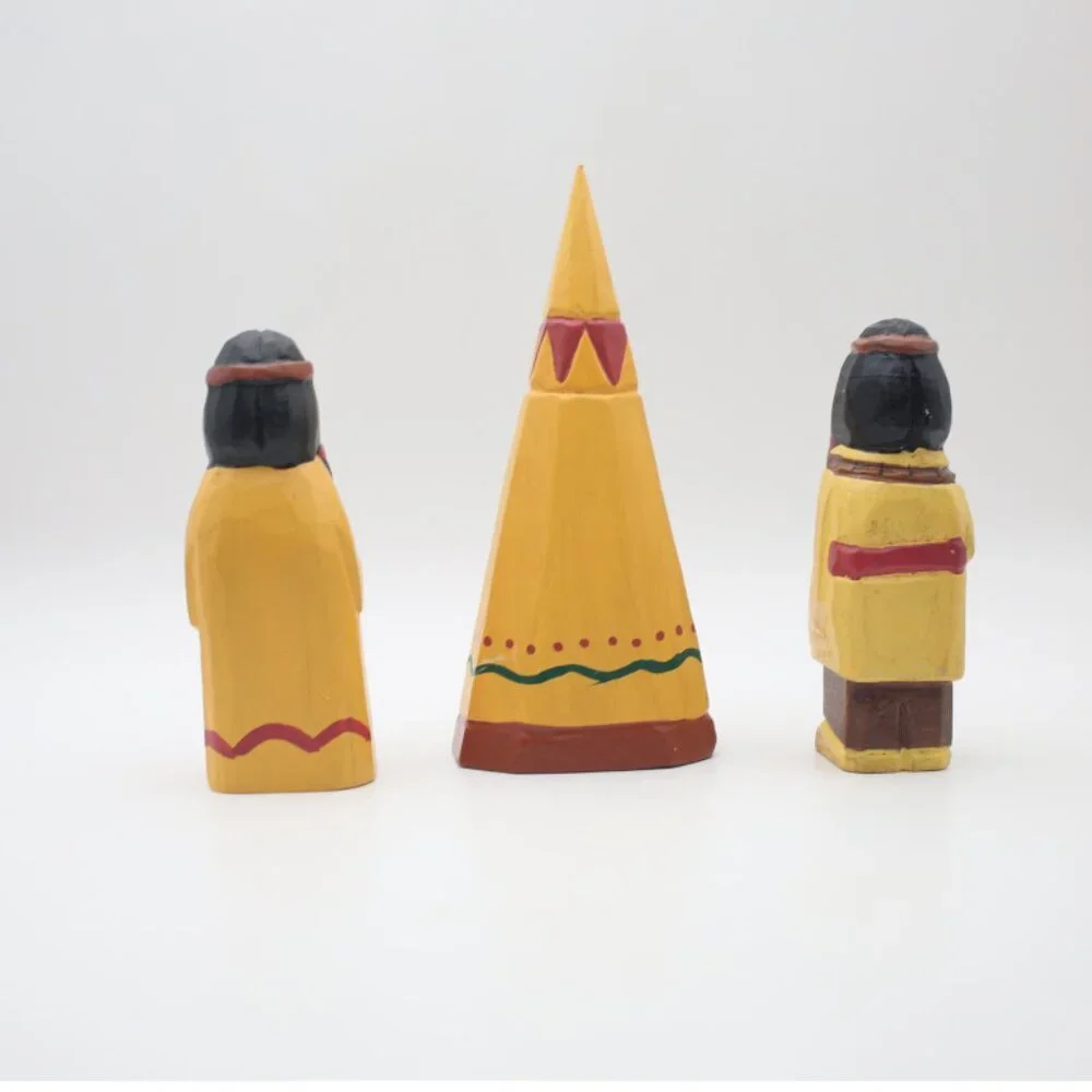 Vintage 1970s Hand Carved Hand Painted Indian Man, Woman & Teepee